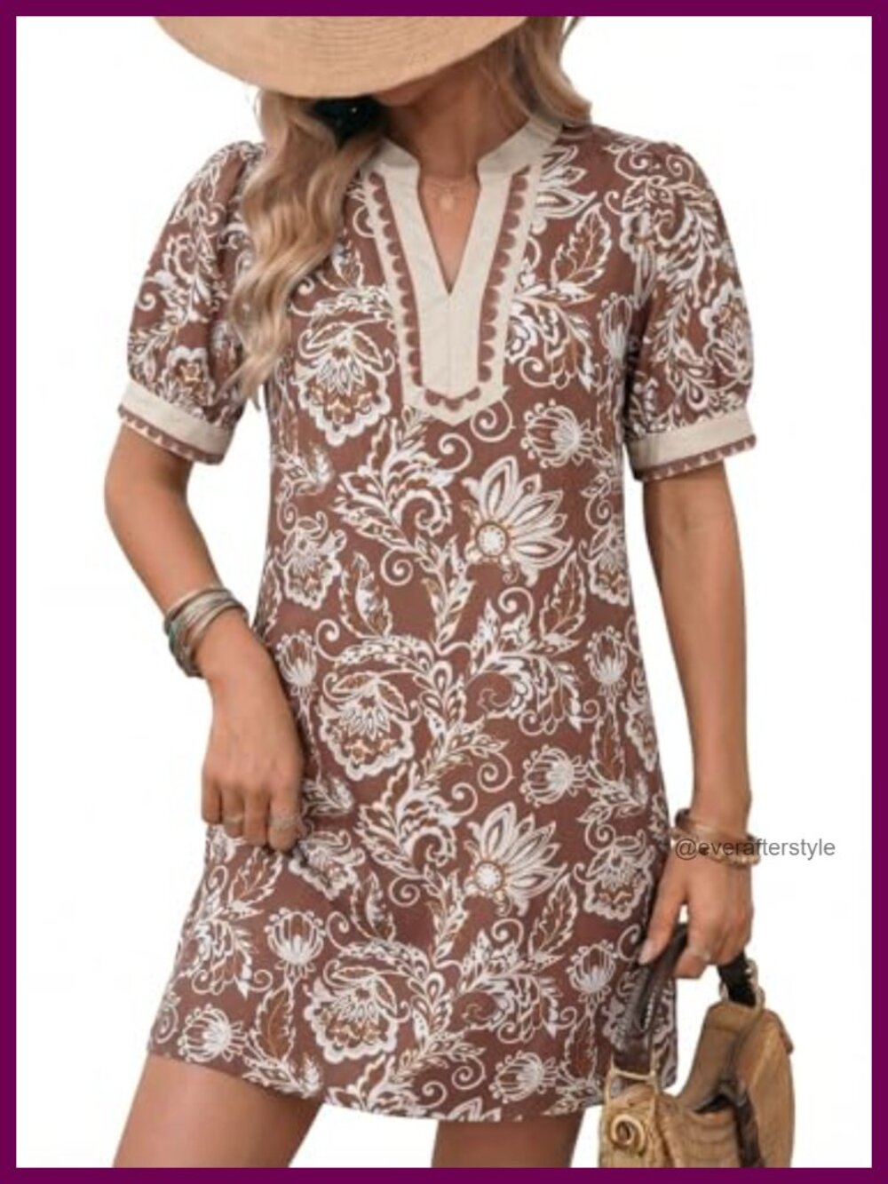 Women's Boho Floral Mini Dress Puff Short Sleeve V Neck A-Line Sundress
